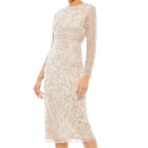 MAC DUGGAL 10812 BEADED TEA LENGTH SEMI SHEER SLEEVE PORCELAIN MIDI DRESS sz 10 - Picture 2 of 5